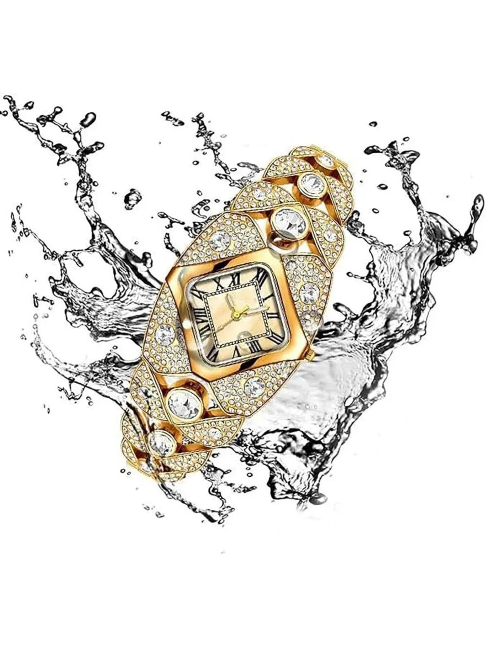 Women's Gold Rhombic Square Rhinestone Bracelet Roman Numerals Dial Wrist Watch